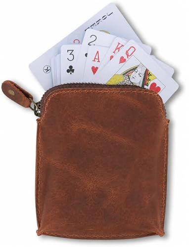 Image of Premium Full Grain Leather Playing Card Case, Zippered Playing Card Holder for Poker Bridge Cards, Durable Leather Card Deck Storage Organizer Travel Card Carrying Pouch Multi Purpose Wallet