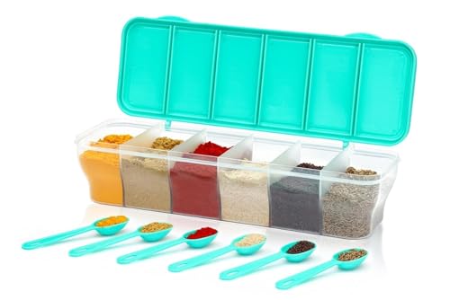 Image of TASTIC Multipurpose 6-Compartment Spice and Dry Fruits Storage Container Box with Lid and Spoons, | 1800 ml Transparent Pickle Box | Spice Organiser For Home, Hotel & Restaurant (PISTA)