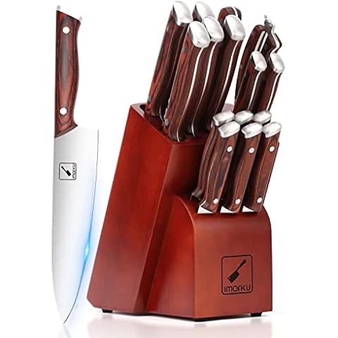 imarku Messerblock - 16 TLG Profi Messer Set mit Block, Steak Messerset, Full-Tang Edelstahl Küchenmesser, Premium Holzgriff Kochmesser, Allzweckschere, Holz Messerblock Cover