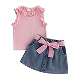 Licupiee Toddler Baby Girl Denim Skirt Set 2 Piece Outfit Ruffle Sleeveless Tank Top and Skirts with Belt Summer Clothes Sets (Pink, 18-24 Months)