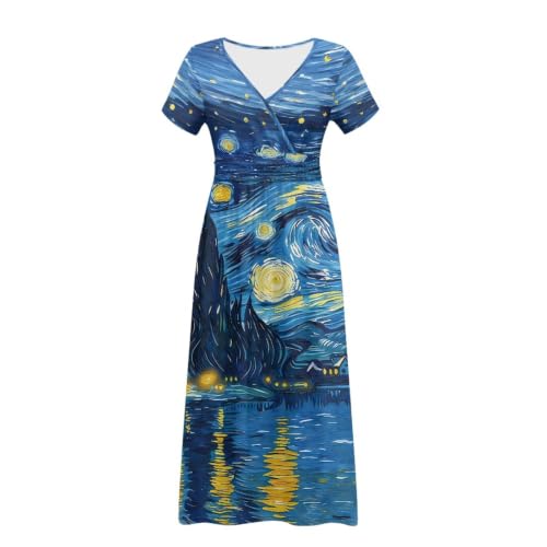 Image of Women's Fall Summer Short Sleeve Ankle Length V-Neck Party Dress with Pockets Size S-3XL