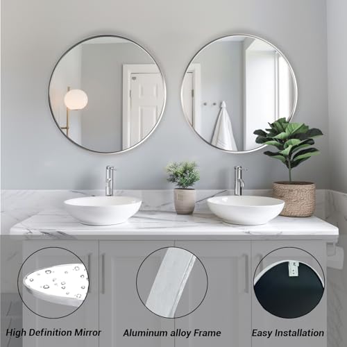 Image of Sunniry Silver Circle Mirror, Round Mirror 20 inch, Round Wall Mirrors with Brushed Aluminum Frame, Circle Mirrors for Living Room, Bathroom, Wall, Hallway.
