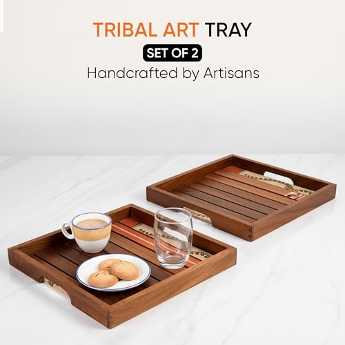 Image of AAKRITI ART CREATIONS Rosewood Tray Set of 2 | Handcrafted Floral Art | Natural Brown Wooden Trays & Platters with Handle | Matte Finish Home Trays | Trays for Dining Table & Kitchen Organizer
