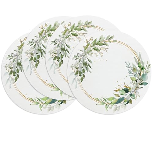 Tischsets Abwaschbar 4er Set, Eukalyptus Blätter runde Platzsets, Ø 38 cm, PVC Platzdeckchen rutschfest hitzebeständig, Dekor für Küche Esstisch Urlaub Party
