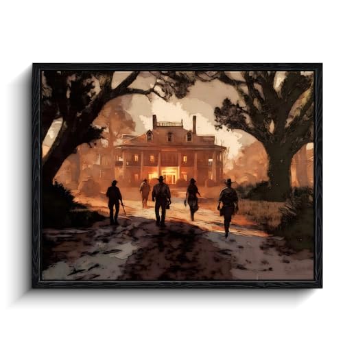 WOXZQ Western Cowboy Wall Art Outlaw Squad Approaching Braithwaite Manor Western Game Matte Finish Framed Poster Print Southwestern Wall Decor for gaming room gift Red Dead Redemption Merch 12x16 inch