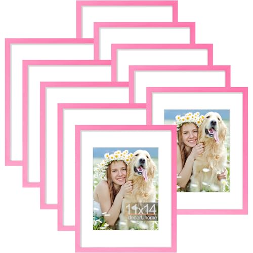 decorUhome 11x14 Picture Frame Set of 10, Display Photos 8x10 with Mat or 11x14 Unmatted for Picture Frames Collage Wall Decor, Pink