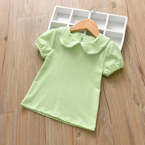 Image of MODNTOGA Kids Baby Girl Long Sleeve Collar Shirt Toddler White Blouse Puff Short Sleeve T-Shirt Solid Color Basic Top Bottom (Green, 2-3 Years(100))