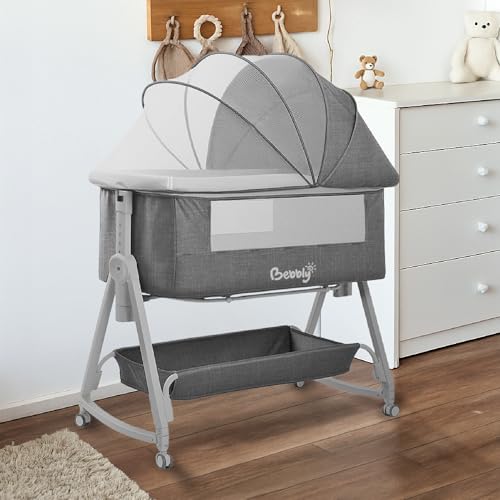 MAGMALIFE Bebbly Cuna Colecho 3 en 1 para Bebé, Cama Multifuncional con Mosquitero, Altura Ajustable, Convertible a Mecedora, Portátil, Canasta de Almacenaje (Gris Claro)