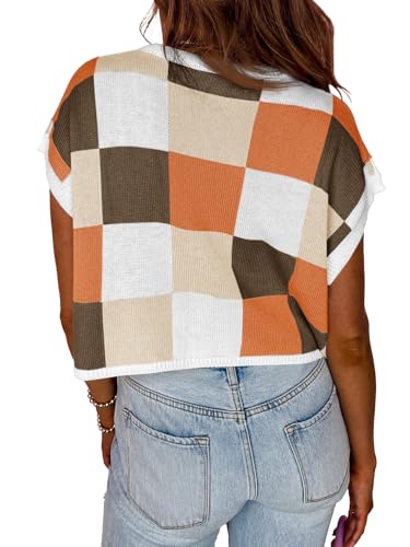 Image of Saodimallsu Womens Cap Sleeve Crop Tops Summer Color Block Going Out Crew Neck Knit Trendy Casual Sweater