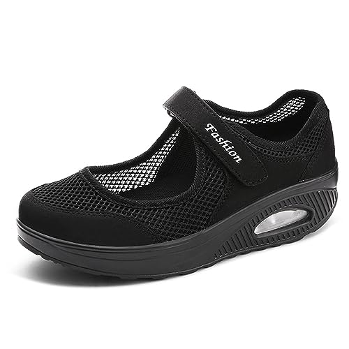 RiceelSor Women's Mesh Adjustable Nurse Shoes Breathable Lightweight Walking Air Cushion Buffer Fitness Nursing Orthotic Mary Jane Shoes