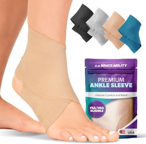 BraceAbility Ankle Compression Sleeve, Ankle Support Brace for Sprained Ankle, Swelling, Tendonitis, Foot Compression Wrap for Running, Ankle Support for Women and Men (XX-Large - Beige)