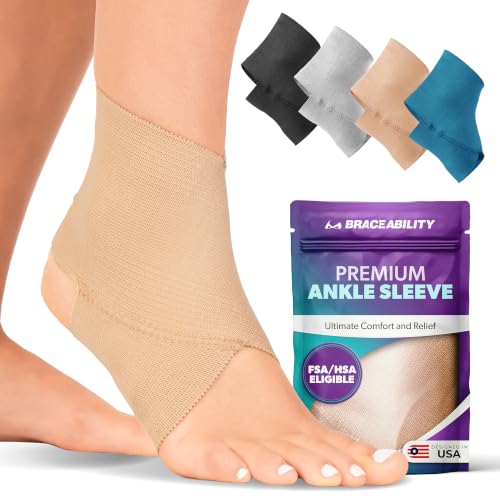 Image of BraceAbility Ankle Compression Sleeve, Ankle Support Brace for Sprained Ankle, Swelling, Tendonitis, Foot Compression Wrap for Running, Ankle Support for Women and Men (XX-Large - Beige)