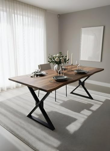 Image of REDWOOD Wooden 4 Seater Dining Table Only Cariboo | 57x28 Inch Rectangular Live Edge Dinner Table Without Chairs for Home, Office, Hotel & Restaurant | Natural Finish, Black X Shaped Metal Legs
