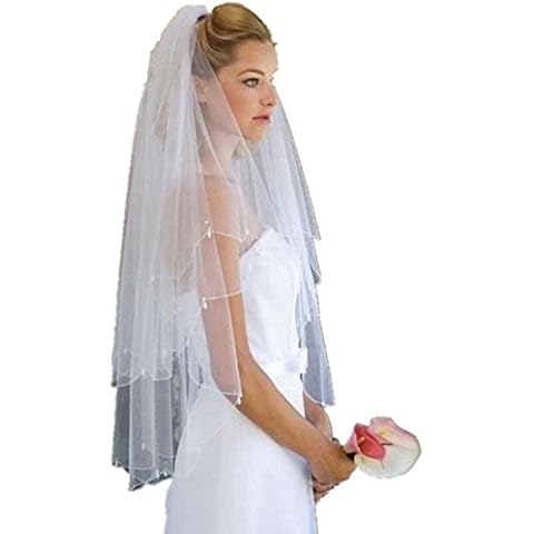 2 Tiers Wedding Bridal Veil Decorated with Water Droplets Beads Soft Tulle Short-Length 80CM Ivory White Color Cover