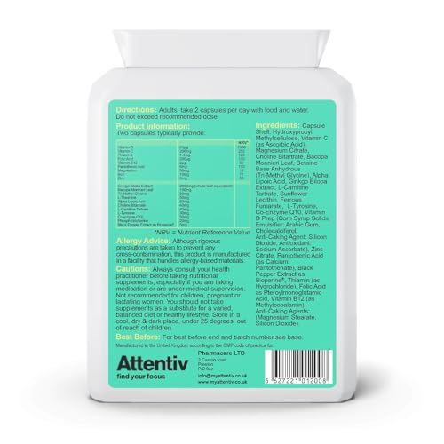 Attentiv Focus+ Formula | Advanced Brain Supplement for Focus, Memory, Energy & Cognitive Clarity | Vitamins D, C, B12, Magnesium, Zinc | Ginkgo Biloba, Bacopa Monnieri, L-Theanine | 60 Capsules - Image 4