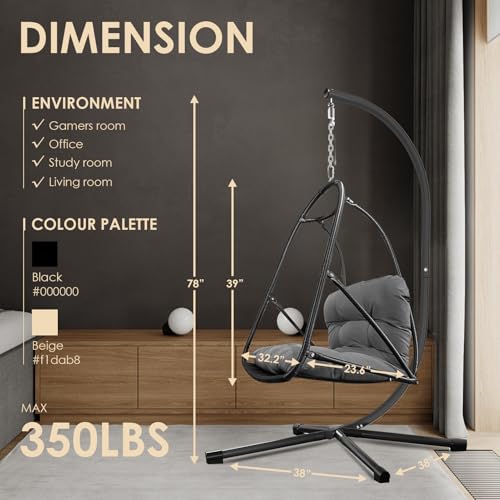 Image of JESE Swing Egg Chair Foldable Frame Hanging Chairs, UV Resistant Waterproof Cushion and Cup Holder,Swing Hammock Chairs for Patio,Bedroom,Balcony, Garden-350lbs, Stand Included, Brown