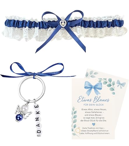 TAKONE Blaues Strumpfband Hochzeit Set – Mit Karte & Schutzengel Schlüsselanhänger – Charmantes Accessoire & Geschenk für Bräute