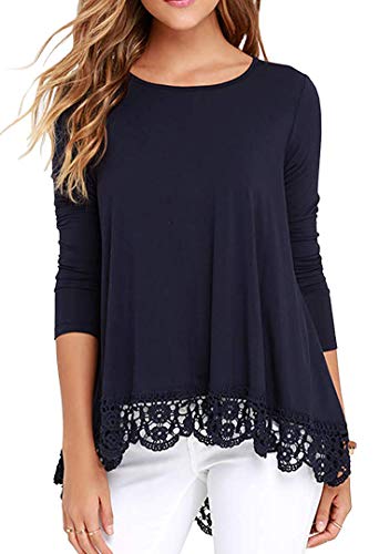 Women's Tops Long Sleeve Lace Tunic Legging O-Neck A-Line Blouse Navy S
