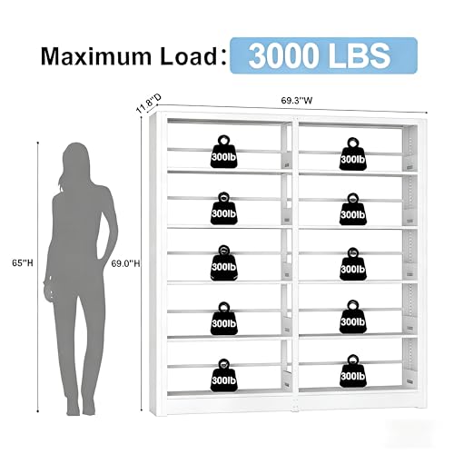 Image of Heavy Duty Metal Bookshelf, 5-Tier Industrial Bookcase with Adjustable Shelves, Large Storage Bookshelf for Living Room, Office, Library, 69 inch H x 69.3 inch W, White