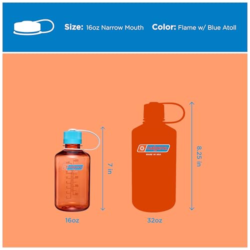 Image of Nalgene 16 oz Narrow Mouth Water Bottle, Thrill & Motion, Flame w /Blue Atoll