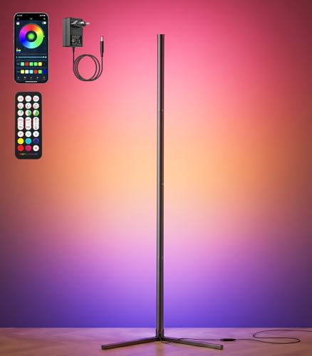 riyo Lámpara de Pie LED RGBIC, 146cm, 2400LM, 168 LEDs, Regulable 2800K-6500K, Sincronización de Música, Smart APP, para Salón, Gaming y Dormitorio