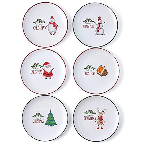 Bruntmor 8" Christmas Theme Round Plate Set Of 6, Premium Quality Ceramic Plates For Salad Pasta And Table Presentation, Desert Plates For Christmas Eve,Dishwasher And Oven Safe #TOP5