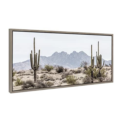 Kate and Laurel Sylvie Tall Saguaro Cacti Desert Mountain Framed Canvas Wall Art by The Creative Bunch Studio; 18x40 Gray; Decorative Desert Art Print for Wall