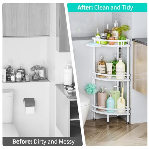 Image of HapiRm Standing Corner Shower Caddy - 3 Tier Shower Organizer Corner with Soap Holder and 4 Hooks, Rustproof Bathroom Storage Shelves with Adhesives, White