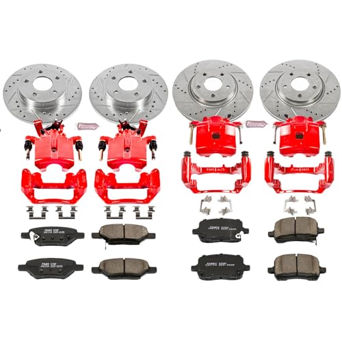 Image of PowerStop Front and Rear Brake Kit for Chevrolet Cobalt 2005-06 |Cobalt 2008 |HHR 2008-10 - Carbon-Fiber Ceramic Brake Pads + Drilled & Slotted Rotors + Red Powder Coated Calipers, KC1612