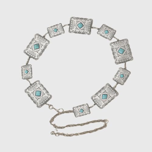 Western Metal Chain Belt for Women Dresses Jeans Boho Silver Vintage Turquoise Waist Belt