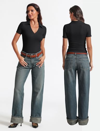 Womens Short Sleeve Business Casual Tops Summer V Neck Polo Work Shirts 2025 Fitted Basic Collared Shirt3