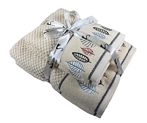 Image of SENSES By Riba Cotton Embroidered Towel Set, 550 GSM Soft & Absorbent, Antimicrobial, Oeko-Tex Certified | Ideal for Home & Gifting, Pack of 4 (2 Bath 27 inchX50 inch + 2 Hand Towels 16 inchX26 inch) - Style 4