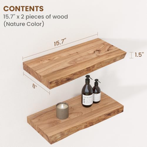 Image of Floating Shelves for Wall, Rustic Solid Elm Wood Live Edge Floating Shelves Wall Mounted, Wall Shelves with Invisible Bracket for Living Room Bedroom Bathroom Kitchen, 15.7 Inch Set of 2, Natural