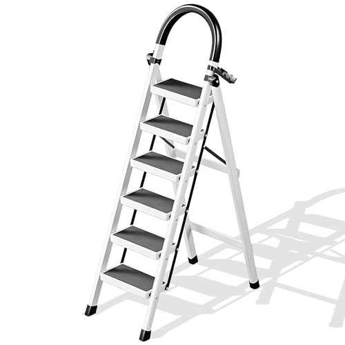 Foldable Ladder 6 Steps Heavy Duty Steel Step Ladder for Home with Wide Anti-Slip Pedal Compact Folding Stairs for Kitchen Garden Garage Storage (White 6 Steps)