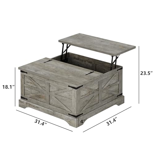Furnideco Farmhouse Lift Top Coffee Table, Square Wood Center Table with Large Hidden Storage Compartment for Living Room, Rustic Modern Table with Hinged Lift Top, Oak Grey