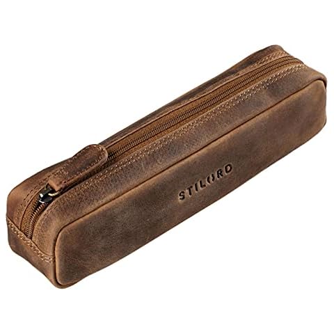 STILORD 'Preston' Pencil Case Leather Vintage Pen Pouch Round Organiser Gift for Women Men Stationary Slim in Genuine Leather, Colour:Middle Brown Cover