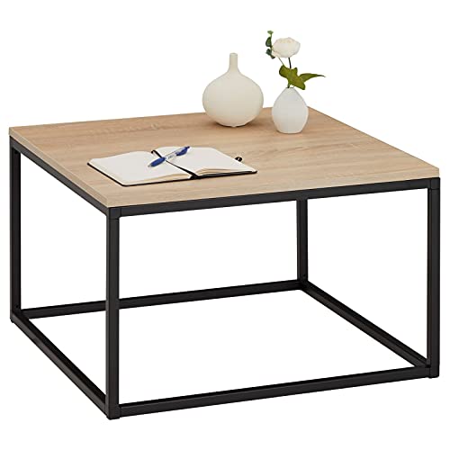 IDIMEX Table Basse Hades, Table de Salon Table d'appoint carrée Design Retro Vintage, Plateau en mélaminé décor chêne Sonoma et Cadre en métal Noir