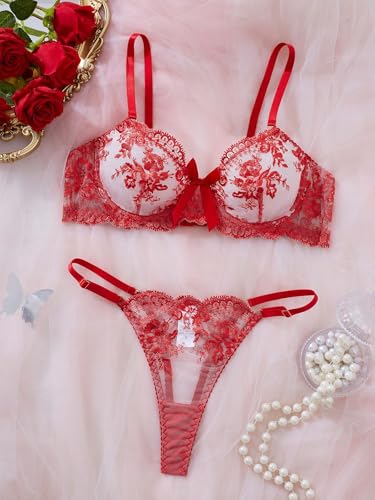 Image of Sexy Floral Embroidered Flower Mesh Underwire Push Up Lingerie Set