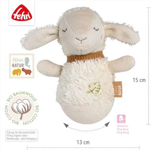 Fehn Mini-Stehauf Schaf Natur – Lustiges Motorikspielzeug - aus Baumwolle aus biolgischem Anbau - Babyspielzeug zum Greifen, Tasten, Fühlen und Stupsen - Stehaufmännchen für Kleinkinder ab 0+ Monaten