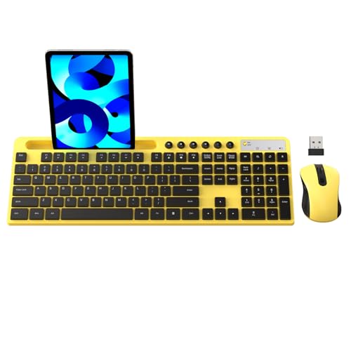 Wireless Keyboard and Mouse Combo MARVO 2.4G Ergonomic Wireless Computer Keyboard with Phone Tablet Holder Silent Mouse with 6 Button Compatible with MacBook Windows (Yellow)