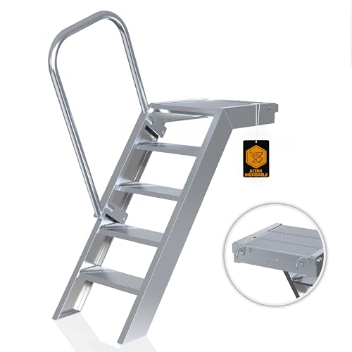 Escaleras de aluminio Rux Rungscaff con ayuda para subir - [5 peldaños] escaleras de exterior - 1 m de alto, 58 cm de ancho, 45 grados - escaleras para estanque, jardín - escaleras con descansillo