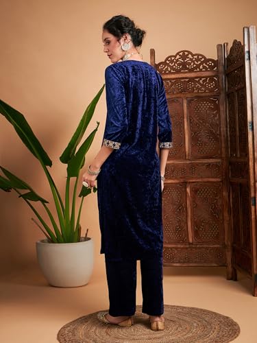 Image of Women Velvet Embroidered Straight Kurta