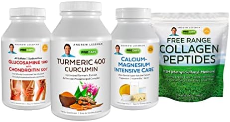 Andrew Lessman 4 Product Joint Support – 240 Capsules each Glucosamine 1500 Chondroitin 1200, Turmeric 400, Calcium Magnesium Intensive Care PLUS Free Range Collagen Peptides. Promotes Healthy Joints.