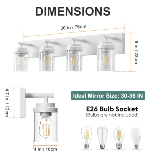 Image of IZORRO Bathroom Light Fixture White, Clear Glass Shade 30-Inch 4-Light | Bathroom Light Fixtures Over Mirror, Modern Farmhouse Vanity Lights, Rustic Restroom Lighting Fixtures