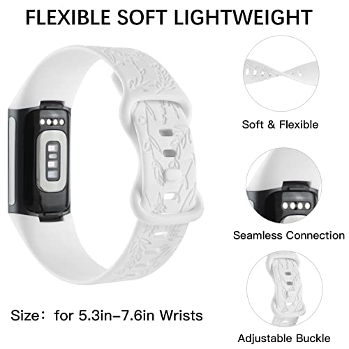 Flower Engraved Bands Compatible With Fitbit Charge 5 Band Women Cute Floral Engraving Soft Silicone Sport Strap Replacement Wristband For Fitbit Charge 5 Fitness Tracker Accessories (White) #TOP2