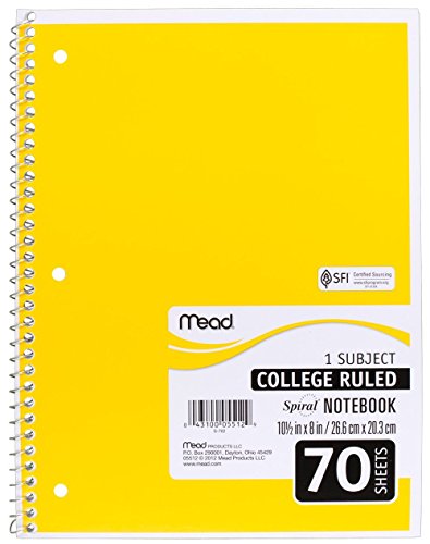 Mead Spiral Notebook, 1 Subject, 70 College Ruled Sheets, Assorted Colors, 12 Pack #TOP6