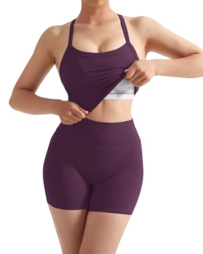 Image of SUUKSESS Women 2 Piece Workout Sets High Waisted Tummy Control Biker Shorts Halter Padded Tank Tops