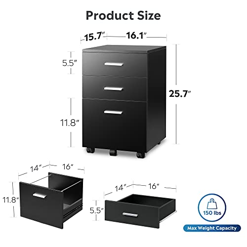 Image of DEVAISE 3 Drawer Mobile File Cabinet, Wood Filing Cabinet fits A4 or Letter Size for Home Office, Black