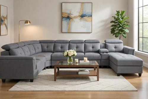 Image of Mishel 12 Seater Sofa Set for Living Room | Sectional U Shaped 12 Seater Sofa with Storage & Cupholder (Light Grey Fabric, RHS)