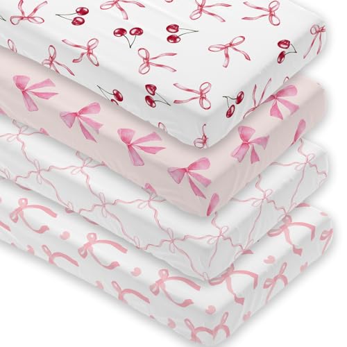 Image of 4 Pack Pink Bow Crib Sheet Set for Baby Girl, Soft Breathable Fitted Crib Sheet 28 x 52 in, Nursery Decor for Standard Crib and Toddler Bed Mattresses